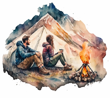 watercolor and pencil, camping, happy couple is sitting on opposite side of the camp fire and looking at each other, beautiful mountain behind, white background, isolated clipart
