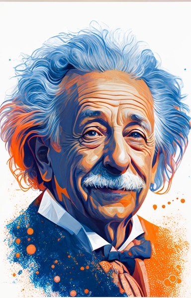 in the style of Norman Rockwell, Epic hyperréaliste d’Albert Einstein smiling, in orange and blue colors, white background, magical, fantasy, vector, clipart, elaborate, ultra-detailed, best quality, well composed, vibrant color tone, trending on artstation, elaborate, cinematic lighting, high definition