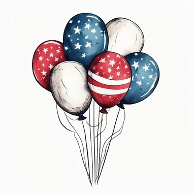 hand drawn balloon clip art, america, red white and blue, festive, white background no text