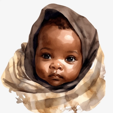 Watercolor cute new born black baby on a cute blanket, clipart, singel clipart, High resolution, beige color blanket, 8k