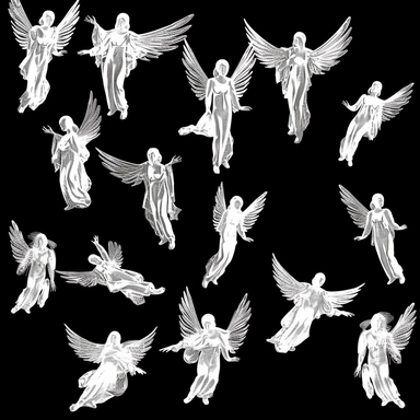 sketch clipart of group of flying angels, hd, white on black background, spaced out,--ar 3:2