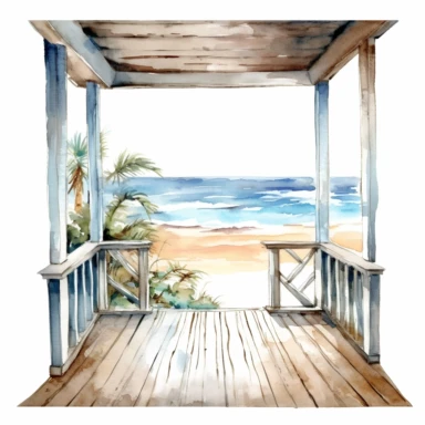 Watercolor ocean seascape cottage view from the balcony clipart, white background d