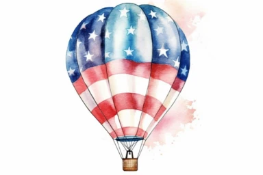 american red white blue hot air balloon, vibrant watercolor clipart