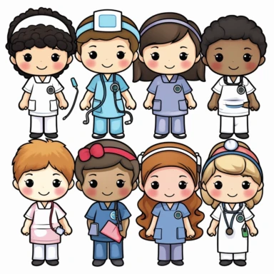 kawaii a line of adorable nurses, all genders and races, clip art