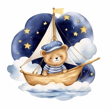 night sky clouds and a swarm of golden stars. a cute plushie sailor bear in a striped blue and white shirt and a sailor hat, in a wooden sailboat with a white sail, sailing on fluffy clouds not sea. dreamy. prominent visible brush strokes, watercolour texture, watercolor clipart png on white background