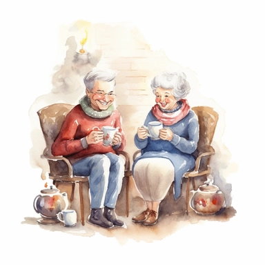 a watercolor clipart image with a white background, featuring a cute sweet extremely happy cartoon elderly couple sitting together by a cozy fireplace, sipping hot cocoa and sharing stories.