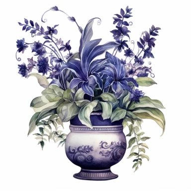 gothic style floral home plants with watercolor effect,suitable for digital clipart,white background,greenery plants,home style plants,vibrant dark scene,black and navy colored
