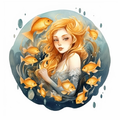 Pisces zodiac sign as fantasy cute girl surrounded by two golden fish, water theme, Watercolor pisces Zodiac Sign Clipart, 8k, detailed white background, uplighted
