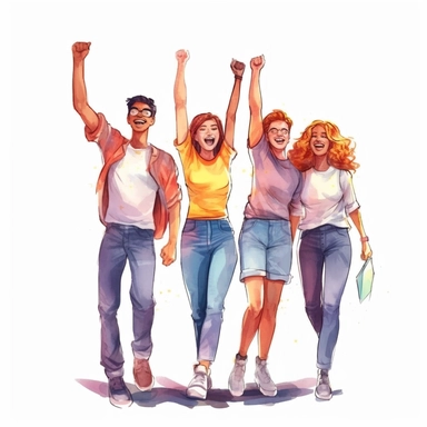watercolor, Set of people celebrating a win or goal achievement. Happy team or group of friends with hands Concept of victory and success. png Full body realistic cartoon in 32K UHD cute. 15 cm thick outline. Black color. There was no shadow on the ground. 8k with realistic watercolors and detailed illustrations. PNG clipart, transparent white background