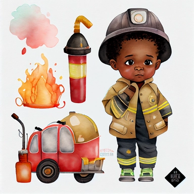 Cute black kid firefighter Watercolor clipart