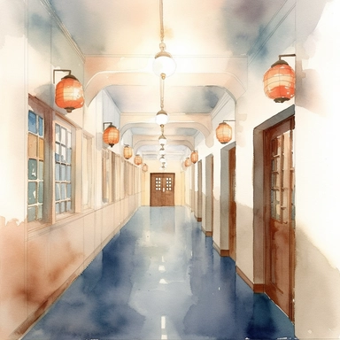 clipart, light watercolor, school hallway, white background, few details, dreamy, Studio Ghibli