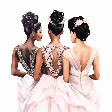glamour dolce & gabbana half body back shot, watercolor white wedding dress bride wedding black bride hairstyle with beautiful gold headpiece clipart, + two black bridesmaids in pink dress black hair, hd, isolated on white background, spaced out ar 3:2