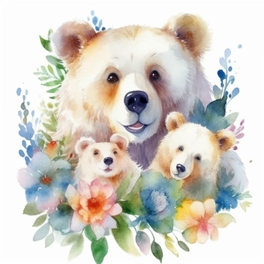 clip art watercolor,dady and kids bear, flower and leaf background, colorful watercolor, white background, adult watercolor design, full HD design, smooth design, 8k