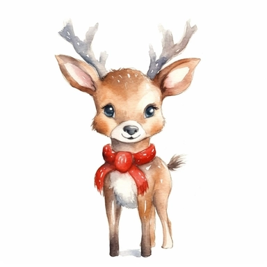 watercolor small cute christmas deer clipart with margins, digital watercolor, for children’s book, design lovely style, cartoon funny, simple watercolor, white clean background