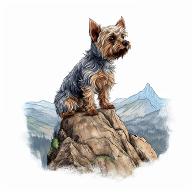 Capture the quiet majesty of a cute yorkie dog as they stand atop a mountain peak, surveying the vast expanse of land below with a sense of awe and wonder, high detail, intricate details, photorealistic, hyper realistic, vector, 8k, svg, watercolor, contour, clipart, extreme render, isolated, white border, white background ar 4:5 v5