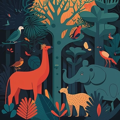Create a vector graphic illustration of clipart animals interacting in a vibrant jungle scene. The style should echo modern flat design principles, simple yet visually engaging. The setting is well-lit, like a clear, sun-filled day, highlighting the bold primary and secondary colors of the animals and foliage. The composition is a medium shot, focusing on the playful interactions between different animals. white background
