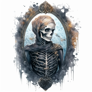 watercolor, mystic, gothic, dark skeleton, very detailed, clipart, white background