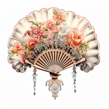 Victorian Hand Fan: Design a clipart featuring a beautiful Victorian hand fan with intricate lace detailing and a decorative handle, watercolor Clipart, watercolor Sublimation graphics, hand drawn illustration by james christensen style, Watercolor clipart, single design, single object, print on demand image, PNG transparent background, white background for removing background - - no text shadow font watermark, 8k