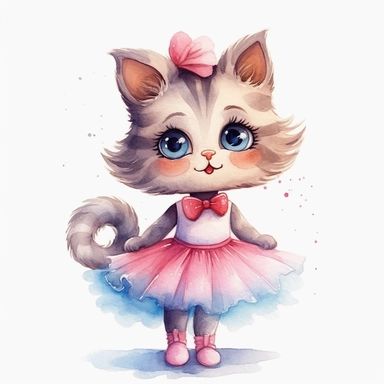children book illustration. cartoon cute baby cat in tutus. Watercolor clipart. Pixar animation