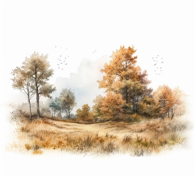 realistic burnished watercolored pencil meadow scene clipart, detailed, on white background, spaced out