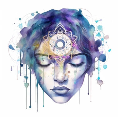 watercolor clipart of man, closed eyes, 3rd eye awakening, intricate sacred geometrical patterns, sparkles, vibrant teals and purples, on white background