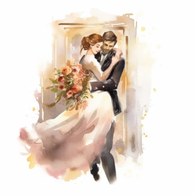 handsome GROOM, carrying his bride across a threshold adorned with flowers, entering their new life together, watercolor, Pixar style, Clipart on a white background
