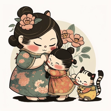 cute chubby woman wearing ancient chinese dress kissing a peony flower holding a cute baby girl's hand, two cute cats playing around, asian cartoon style, clipart