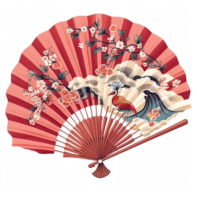 one japanese fan clipart on a white background, in the style of nostalgic paintings, delicate shading, colorized, use of paper, heatwave, traditional poses, feminine affluence, no watermark, text, 300 DPI , typography, shapes do not stick together, no text in the picture, on a white background