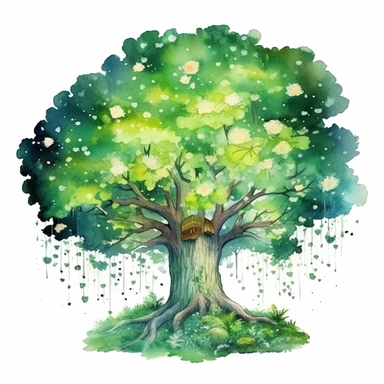 a fairytale style over realistic fairy trees with watercolor effect,green big forest,twinkles,fireflies,suitable for digital clipart,white background Clipart ,Cartoon,hyper realistic, intricate detail, illustration style,high solution,on the white background