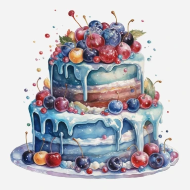 stunning watercolor, high detail, clipart of an entire beautiful cake ornated with M&Ms, blue icing , white background
