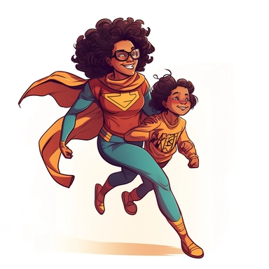 a comic-style, clipart image (floating image), full body image of a latina mother and child duo where the child is the superhero's sidekick, wearing super suits