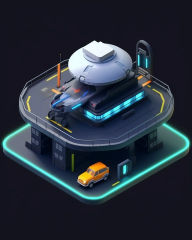 isometric perspective, game sprite, futuristic hovercraft parking hanger concept, gaming asset, sci-fi, fun, creative, cartoon, clipart, hyper-detailed, black background,