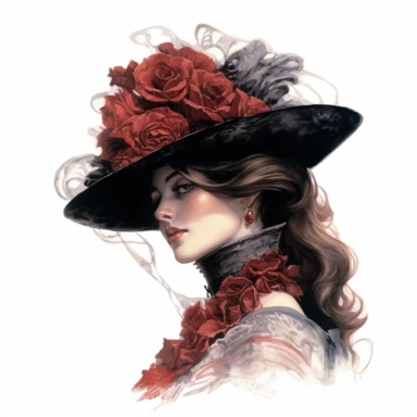 old victorian era, lady headshot fancy hat, covered face, angle perspective, painting, decorated with minimal amount of red roses, intricate details, elegance, charm, clipart, white background
