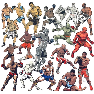 Design a clipart set that depicts different UFC fighters in action, engaging in different fighting styles such as Boxing, Muay Thai, Brazilian Jiu-Jitsu, and Wrestling. Add images of fighters executing techniques such as punches, kicks, headlocks, takedowns, and submissions. Also, include images of various fighting gear and equipment, such as gloves, shin guards, and mouthguards.