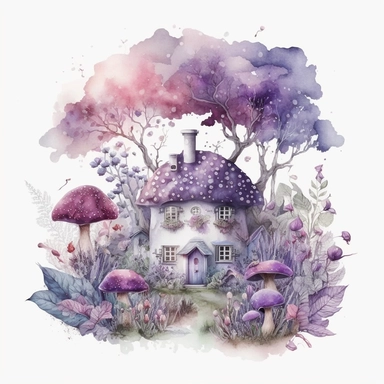 Watercolour light purple Magic Mystical Mushroom clipart with white background cottage surrounded by fruits and front garden, with purple buttlerflys