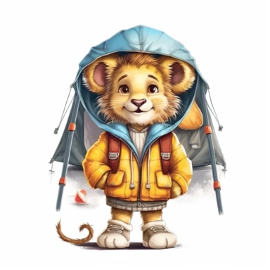 cute Lion character wearing camping clothes and camping gear with happy face,front facing on isolated background,with happy face and expression,Animal Sublimation Clipart,no splash watercolor,white background, ultra detailed clipart, cut out image, colorful watercolor realistic, cartoon style, ultra HD, sharp and clean art