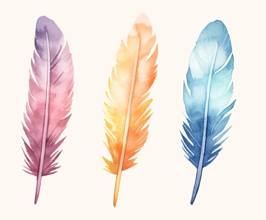 watercolor four Feathers clipart, flat style, no volume, few details, washed out, minimalistic style, very lose details, very light colors, transparent colors, light airy hues and pastel tones, spaced out, white background, washed out colors and paint, hand-painted watercolor, watercolor paper with visible rough paper texture, a variety of watercolor brushes, do not cross workspace borders, rough watercolor paper texture on top