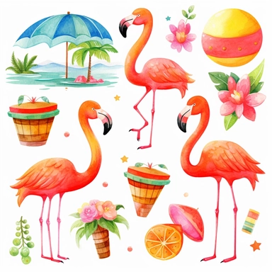colorful watercolor flamingo collection clipart, in the style of whimsical cartoon-style, various goods, multiple objects, fun, summer equipments, jcore, playful, youthful images, iso 200, manapunk, primary colors, white background tropical