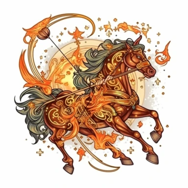 old style fire sagittarius zodiac, vector design illustration, in the style of detailed heavy metal embroidery, hand-painted details, Horoscope Clipart, isolated white background