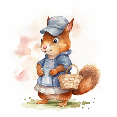 An anthropomorphic squirrel wearing a brown nut-patterned jumpsuit and a dark blue farmer's cap clipart,happy expression,Storing nuts in a little sack , standing dynamic pose, front side view, in the style of watercolor cartoon clipart, beatrix potter style, pixar style, high resolution, composition free space, pastel color scheme, soft and tender, watercolour clipart, watercolor illlustration for kids and children,isolated white background, clipart most popular on etsy, book illustration, featu
