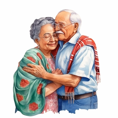 Latina grandma embracing grandpa, Mexican grandparents hugging, illustration clipart, high detail, white background, digital art, watercolor,
