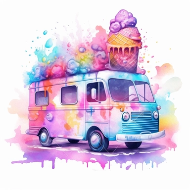 clipart soft watercolor pastel neon colors without splashed background - icecream bus - hard contrast - high details - enough space between each item