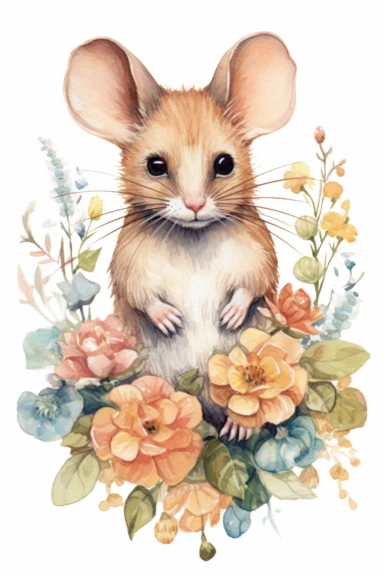 Chromolithography, vintage watercolor mouse floral clipart, nursery art, little mouse, mouse art, kids wall art, baby animal prints, isolated on white background, intricate details, hdr, 8k