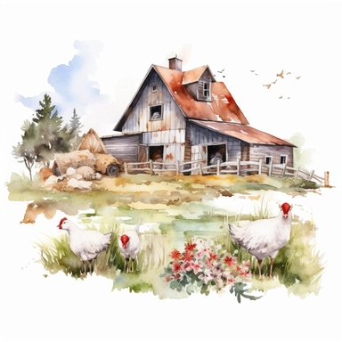 watercolor farm house clipart with meadow and some animals, white background, no comment, 8k