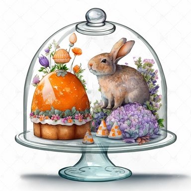 a realistic cute bunny eating a carrot in a glass dome, patterned Easter eggs on a stand, candles and easter muffins, watercolor effect, realistic figures , kids story style, soft colored view , fantastic scene, small colored flowers and lavender , white background , suitable for digital clipart