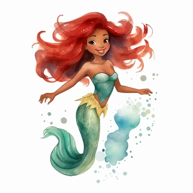 watercolour clipart halle bailey as ariel from the little mermaid, dark skin and red hair, full body with mermaid tail