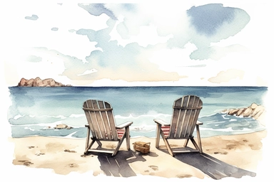 rear view young couple Beach chair on the beach Watercolor clipart, details