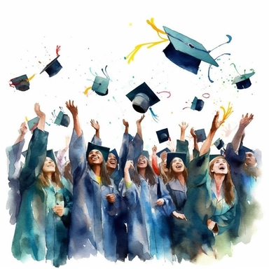 watercolor style, Graduation hat toss: Clipart showing a group of graduates throwing their caps in the air, celebrating the completion of their studies. clearly visible faces of participants. clipart, isolated on white background, 4K