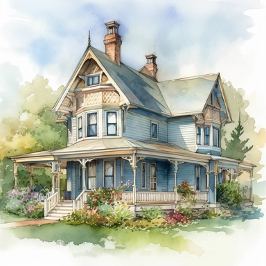 Visualize a clipart-style watercolor illustration of a detailed farmhouse on a summer day, set against a clean white background. Render the farmhouse with Victorian architectural elements. Use a radiant palette of blues, yellows, and greens against a star