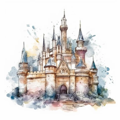 one castle Watercolor clipart on a white background, in the style of realistic and hyper-detailed rendering, muralist, distressed material, uhd image, ps1 graphics, detailed character design, large scale murals, no watermark, text, 300 DPI , typography, shapes do not stick together, no text in the picture, on a white background